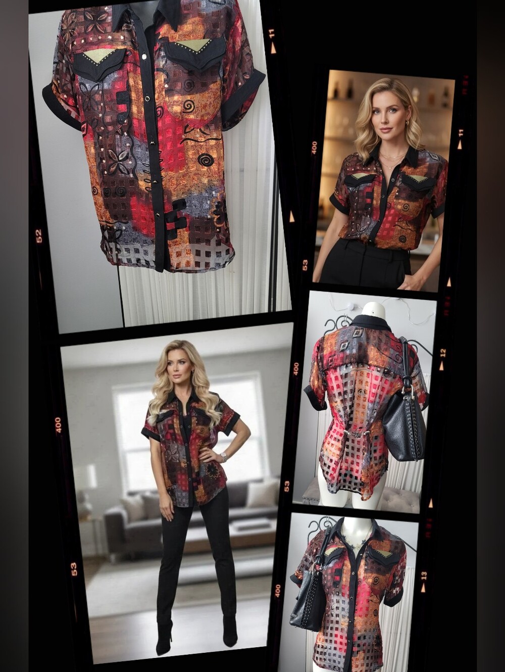 VINTAGE Sheer Multi-Color Short Sleeve Button Front Shirt - Black Trim